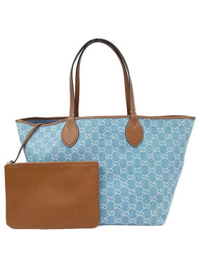Gucci Totissima GG Denim Leather Reversible Tote Shoulder Bag Blue Tan